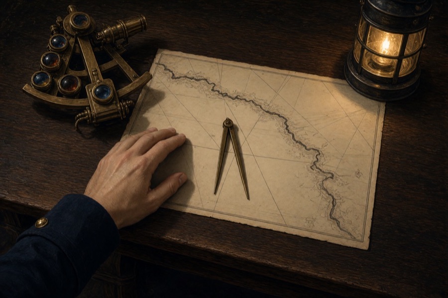 A navigator's hand on a chart with dividers, a sextant and a lantern beside it.