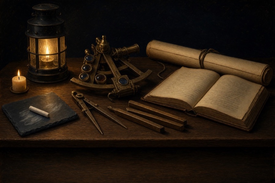 A lantern-lit chart table with a brass sextant, an open book and rolled charts.