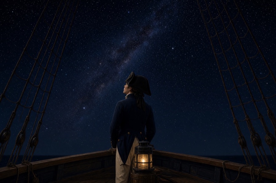 A young sailor at a ship's rail, lantern at his feet, looking up at the Milky Way.