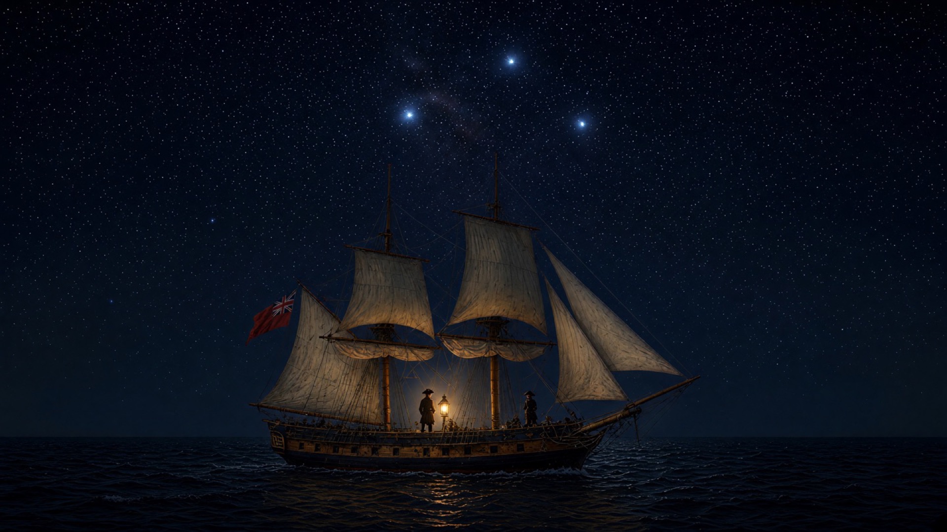 A sloop under full sail at night on a dark sea, a lantern glowing on her deck and three bright stars above her.