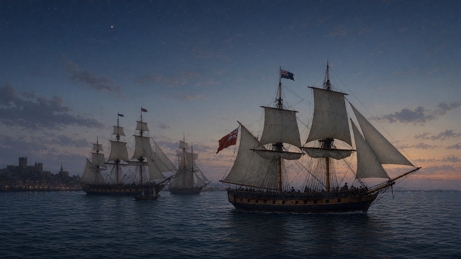 A Royal Navy sloop leaving harbour at dawn, other ships at anchor behind her.